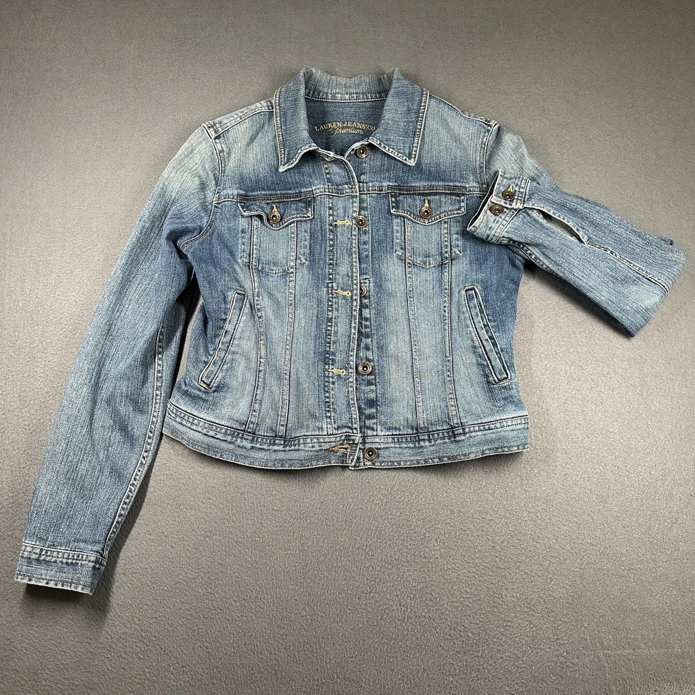 Vtg Lauren Jeans Co Denim Jacket Womens Medium Blue Button Front Stretch Pockets